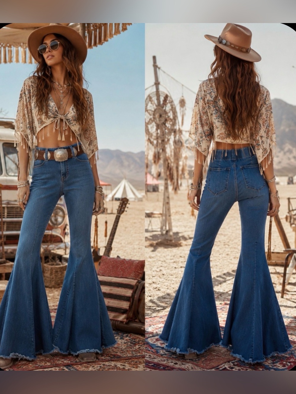 Lucky & Blessed Deep Blue Boho Western Festival Hippie Flared Denim Jeans